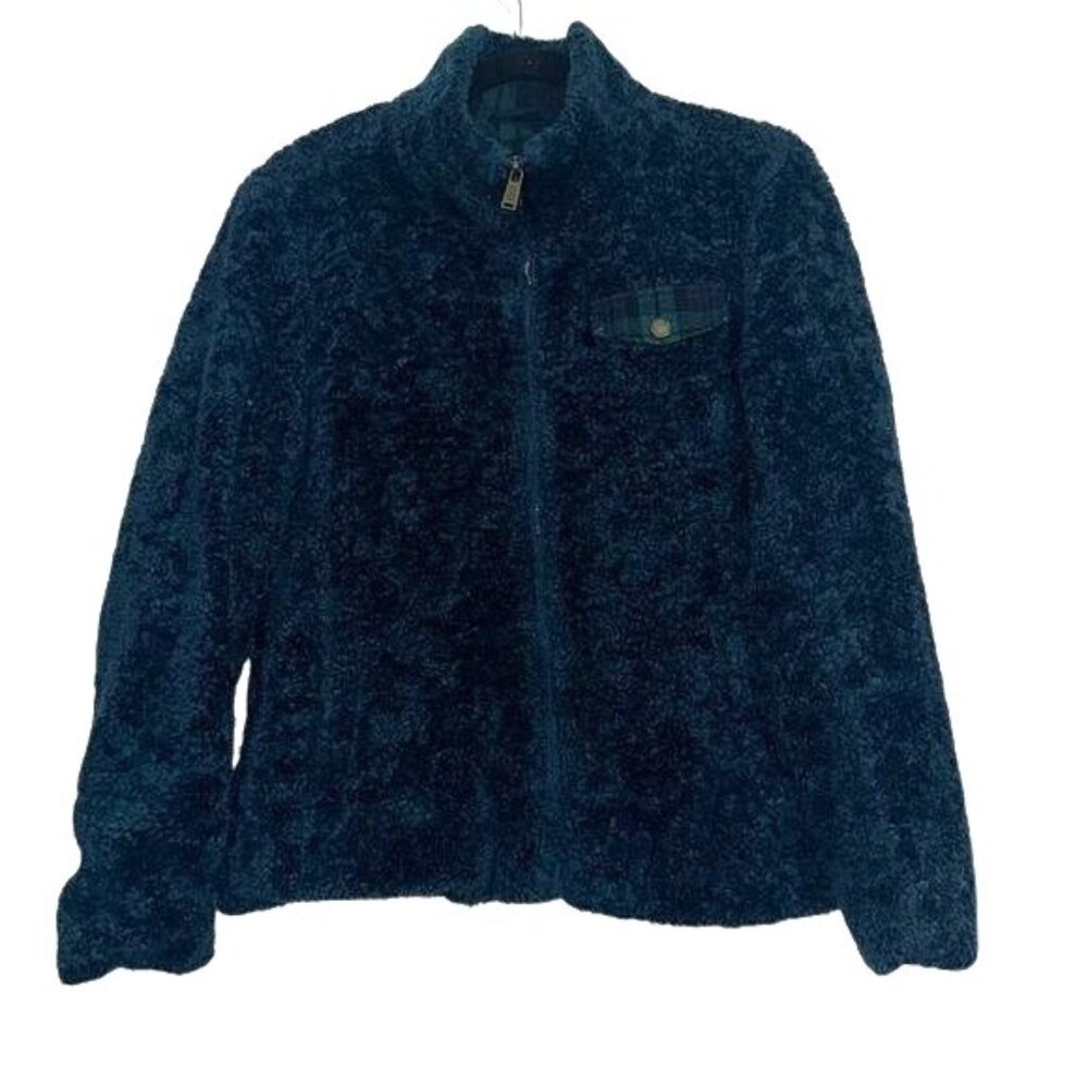 Pendleton Womens Sherpa Fleece Jacket S/CH Navy Blue Plaid Accent Zip-Up Collar